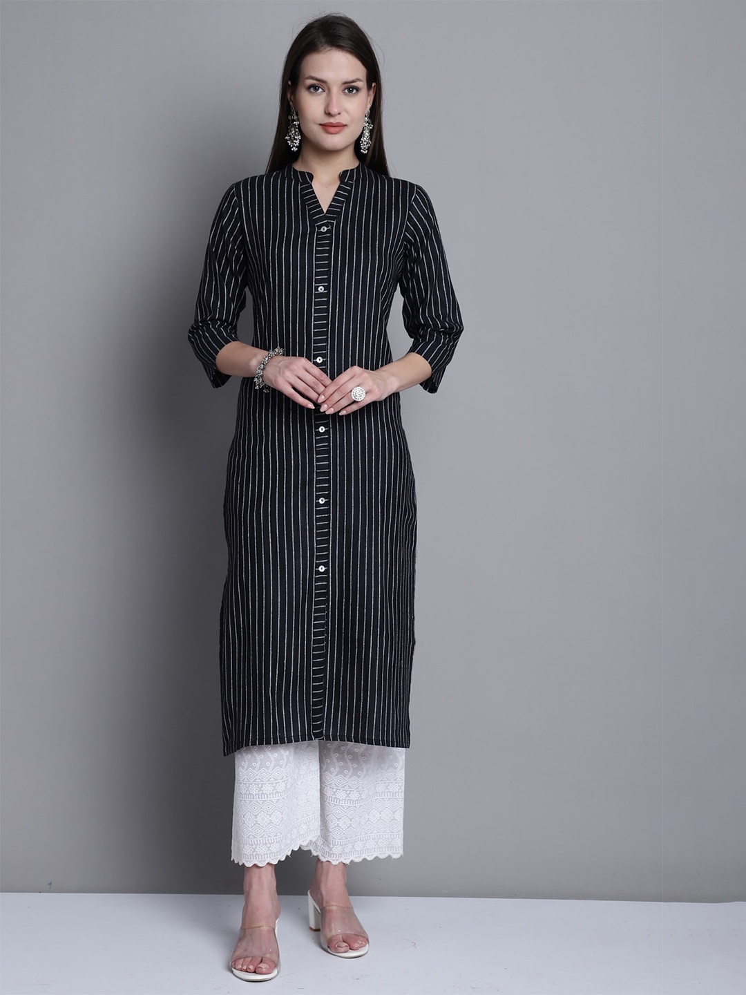 

Rajnandini Vertical Striped Mandarin Collar Cotton Kurta, Black