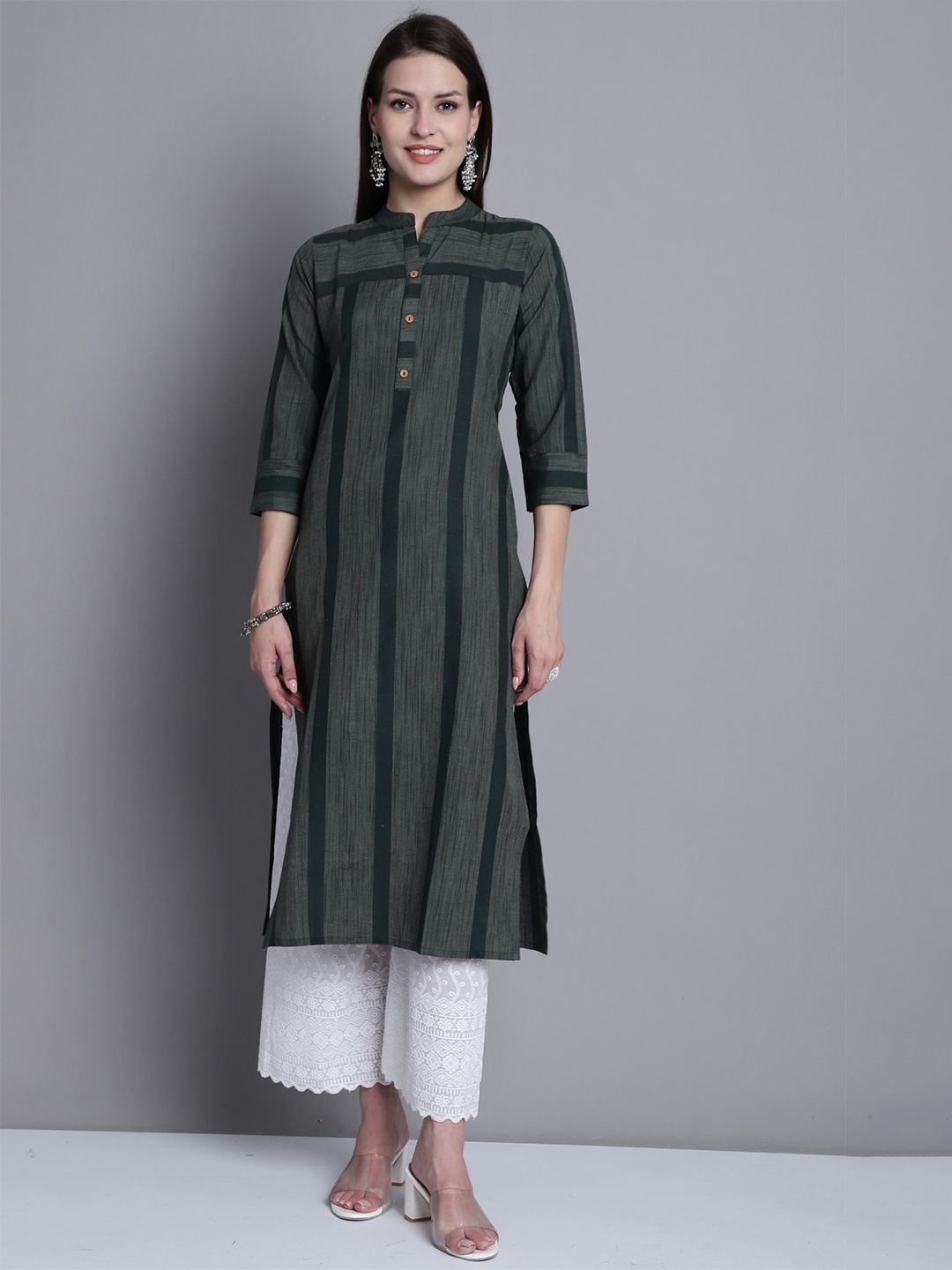 

Rajnandini Striped Mandarin Collar Pure Cotton Straight Kurta, Green