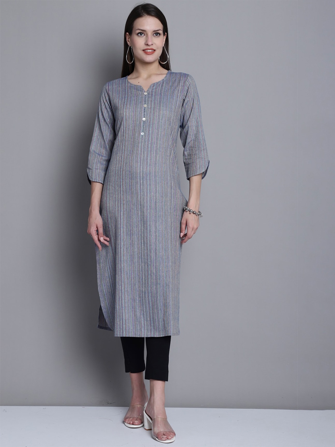 

Rajnandini Striped Cotton Straight Kurta, Grey