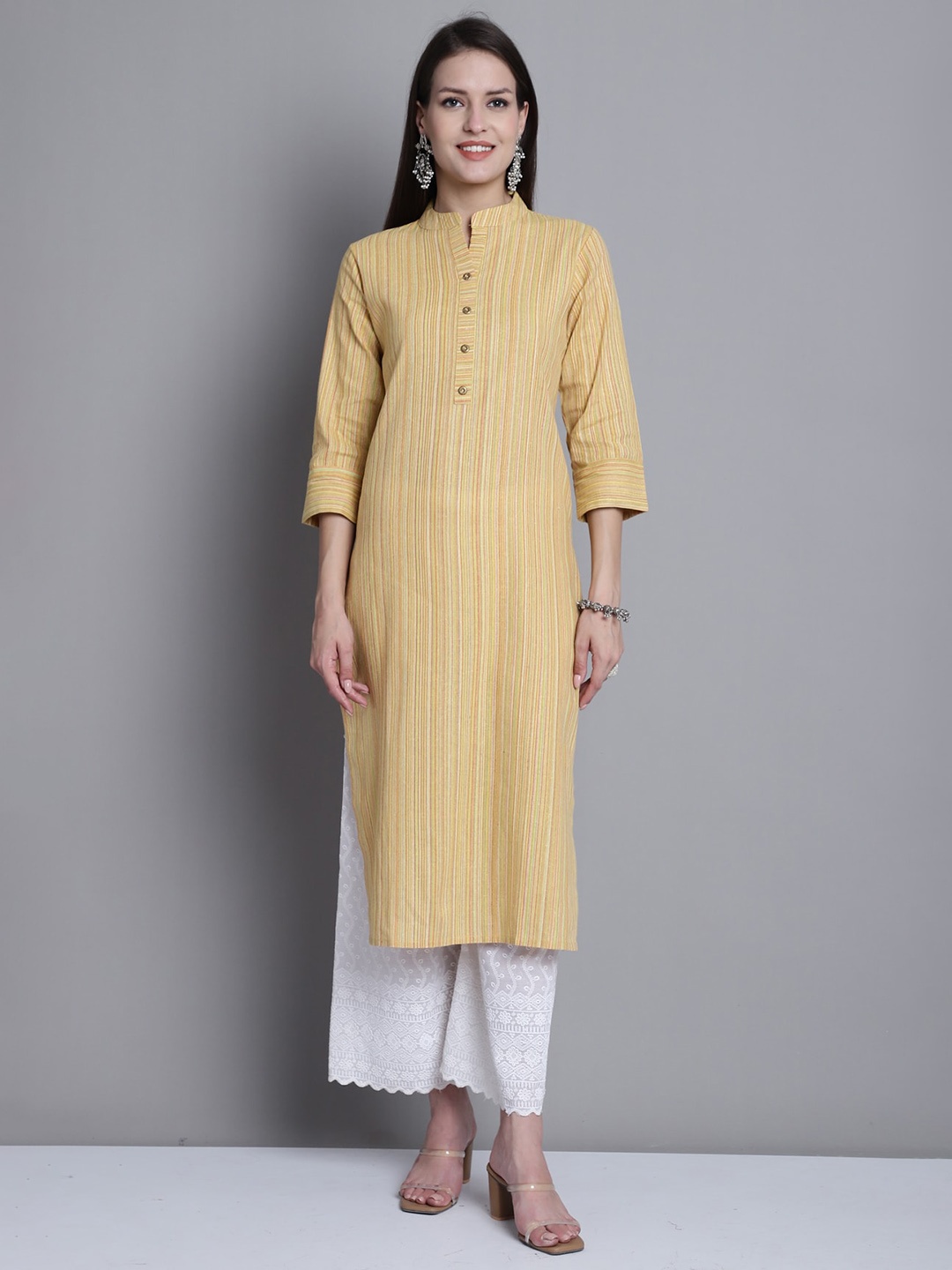 

Rajnandini Striped Mandarin Collar Pure Cotton Straight Kurta, Yellow