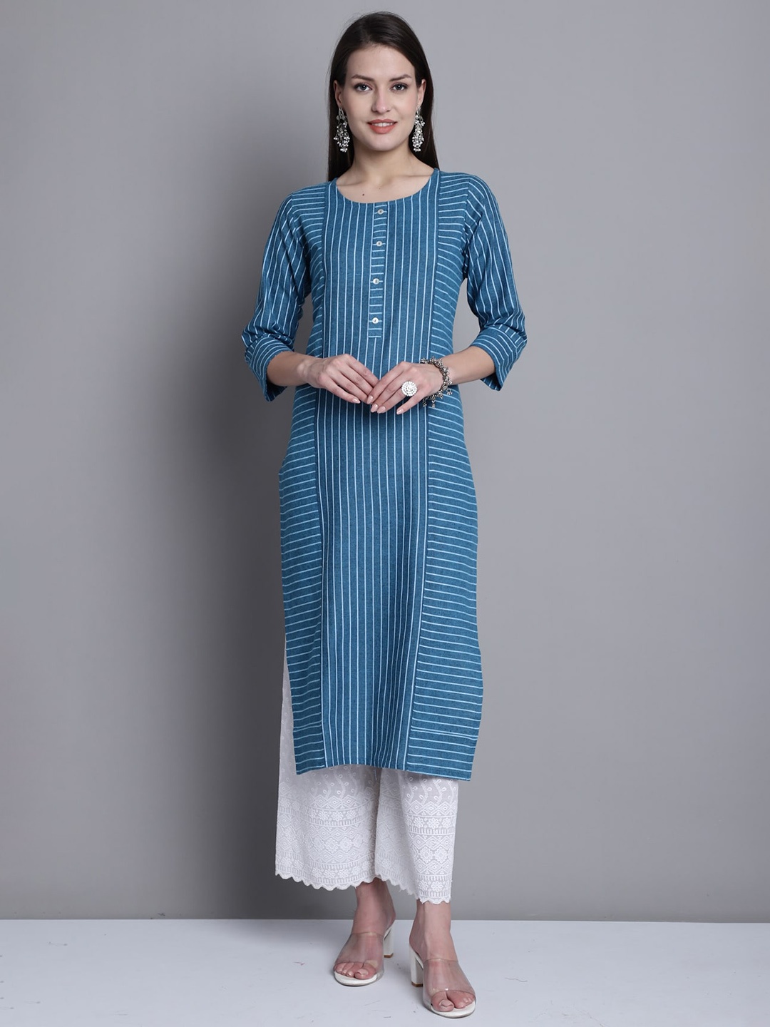 

Rajnandini Striped Cotton Straight Kurta, Teal