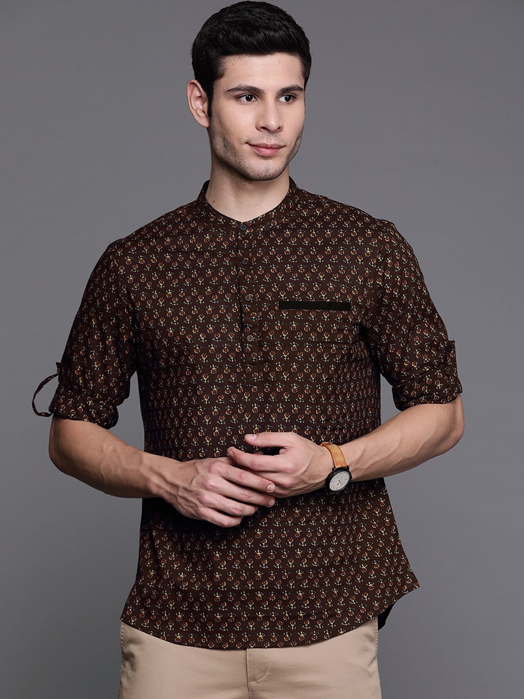 

Indo Era Men Brown Geometric Printed Thread Work Kurta