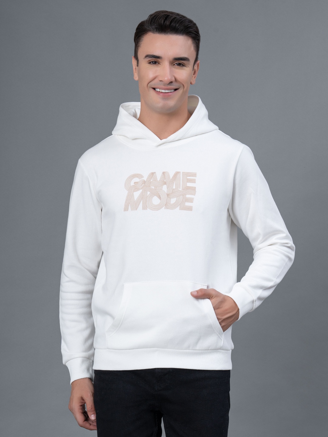 

Red Tape Typography Printed Fleece Hooded Cotton Sweatshirt, Off white