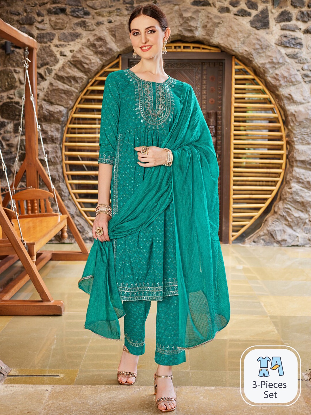 

Berrylicious Ethnic Motifs Embroidered Regular Sequinned Kurta With Trousers & Dupatta, Turquoise blue