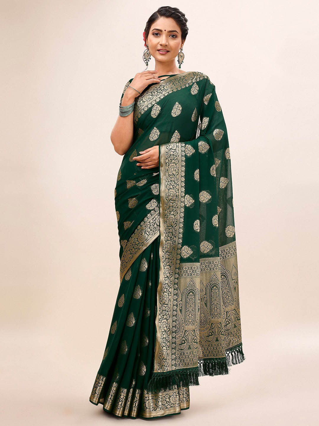 

Mitera Green & Gold-Toned Ethnic Motifs Woven Design Zari Pure Chiffon Saree