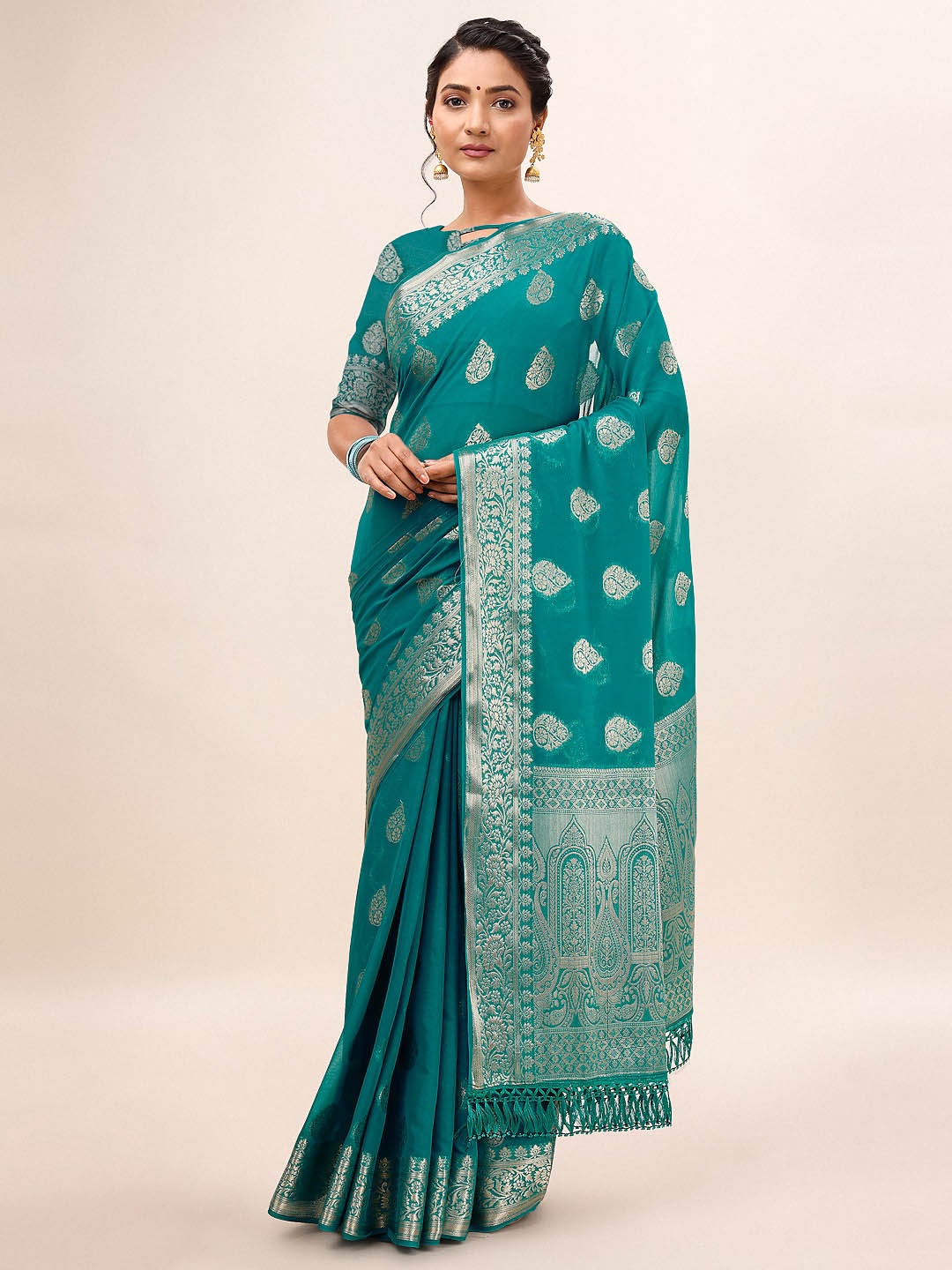 

Mitera Woven Design Zari Pure Chiffon Saree, Turquoise blue