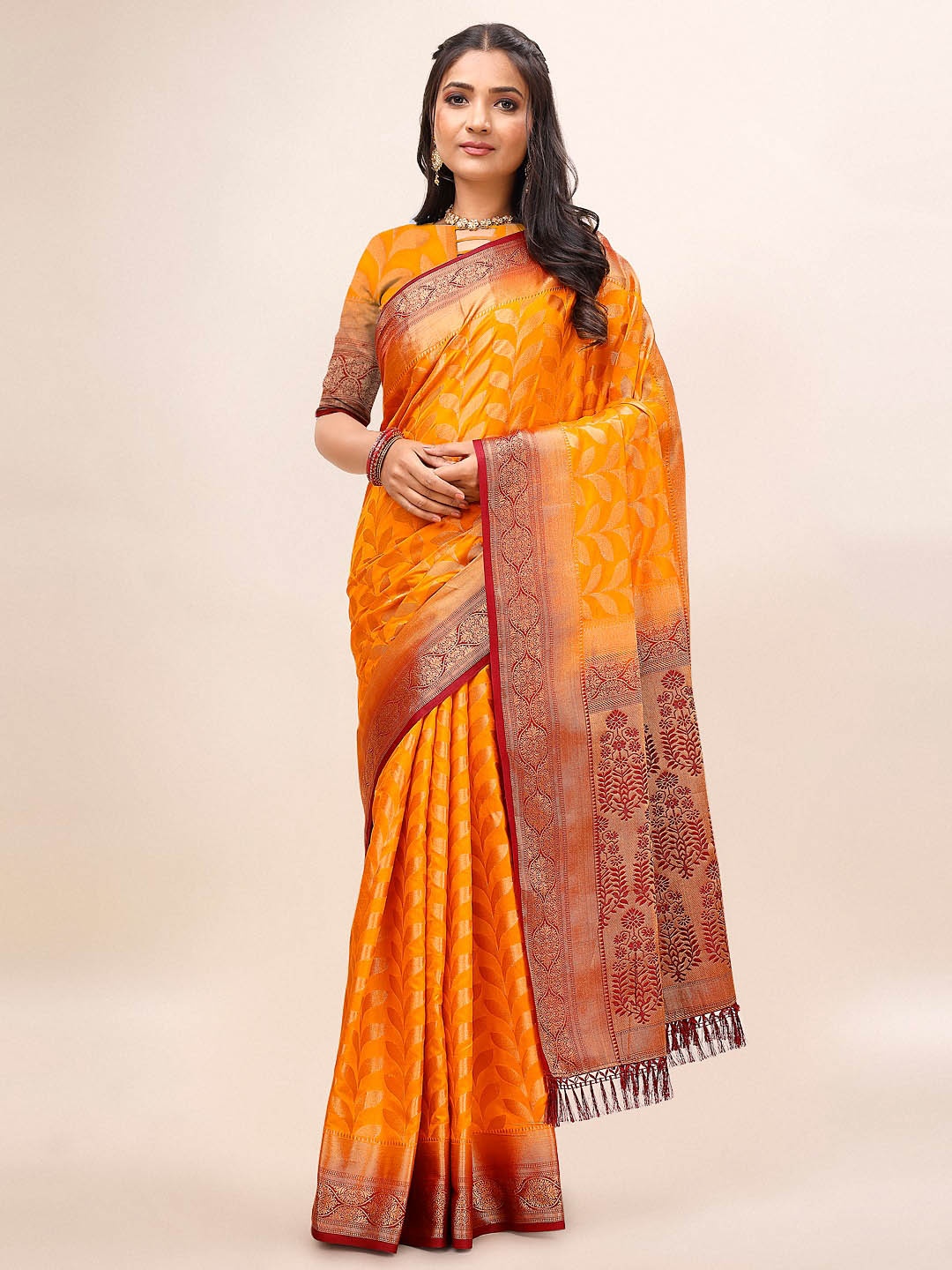 

Mitera Ethnic Motifs Woven Design Pure Silk Saree, Orange