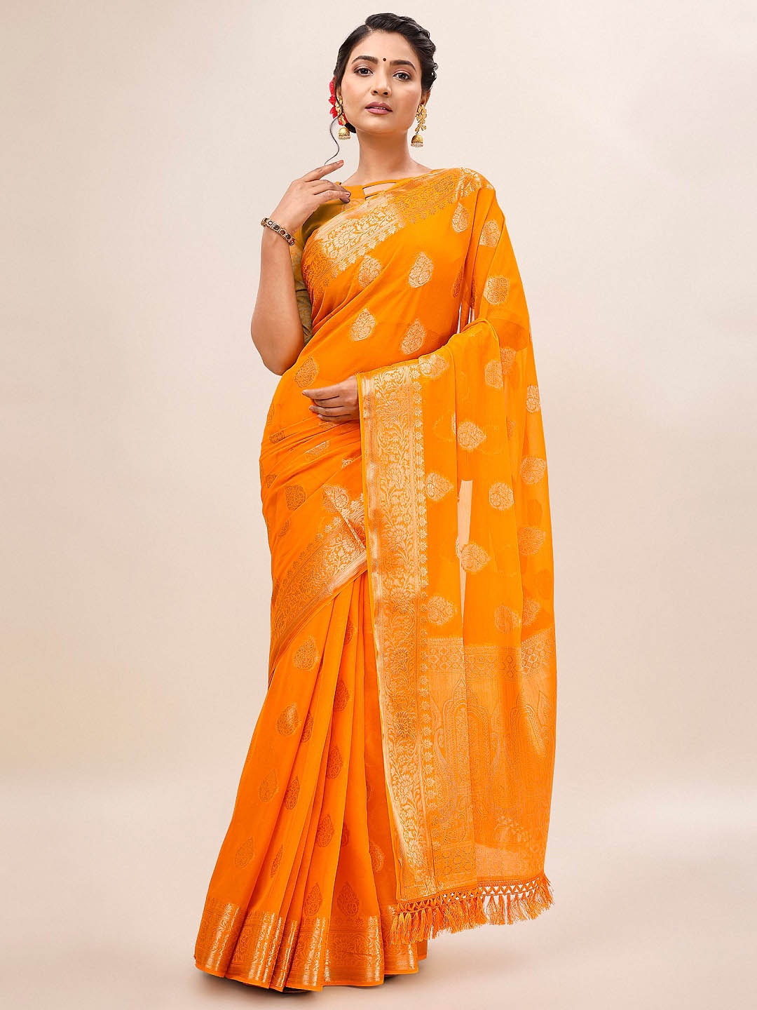 

Mitera Woven Design Zari Pure Chiffon Saree, Yellow