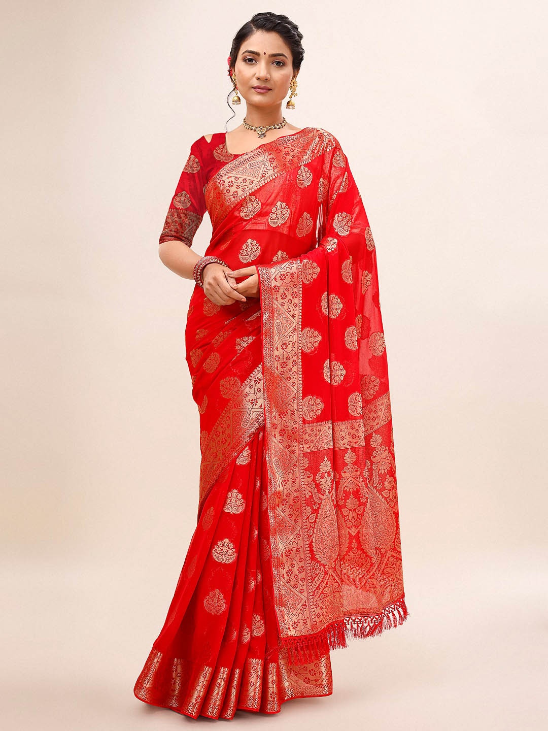 

Mitera Red & Gold-Toned Ethnic Motifs Woven Design Zari Pure Chiffon Saree