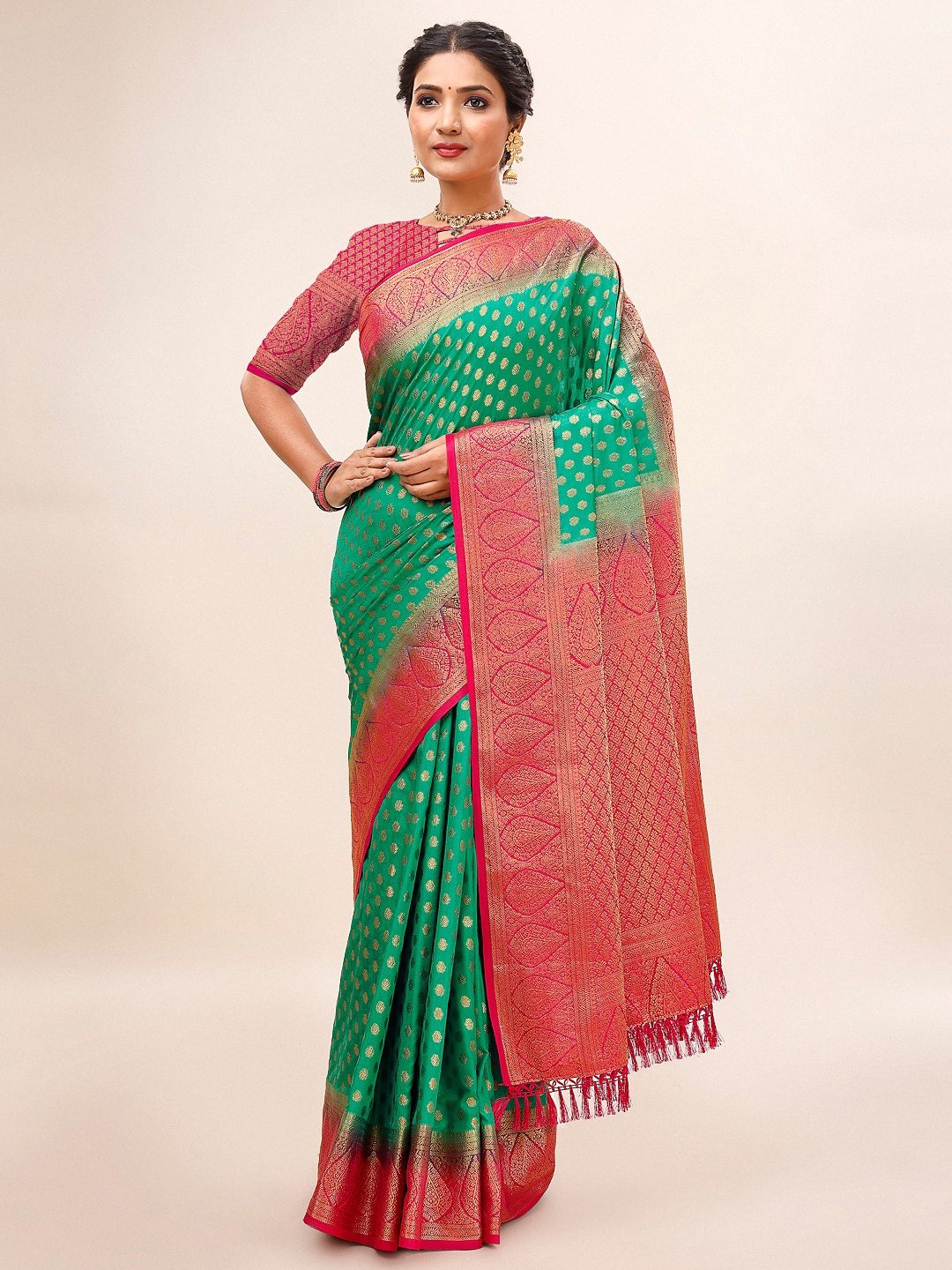 

Mitera Green & Red Ethnic Motifs Woven Design Zari Pure Silk Saree