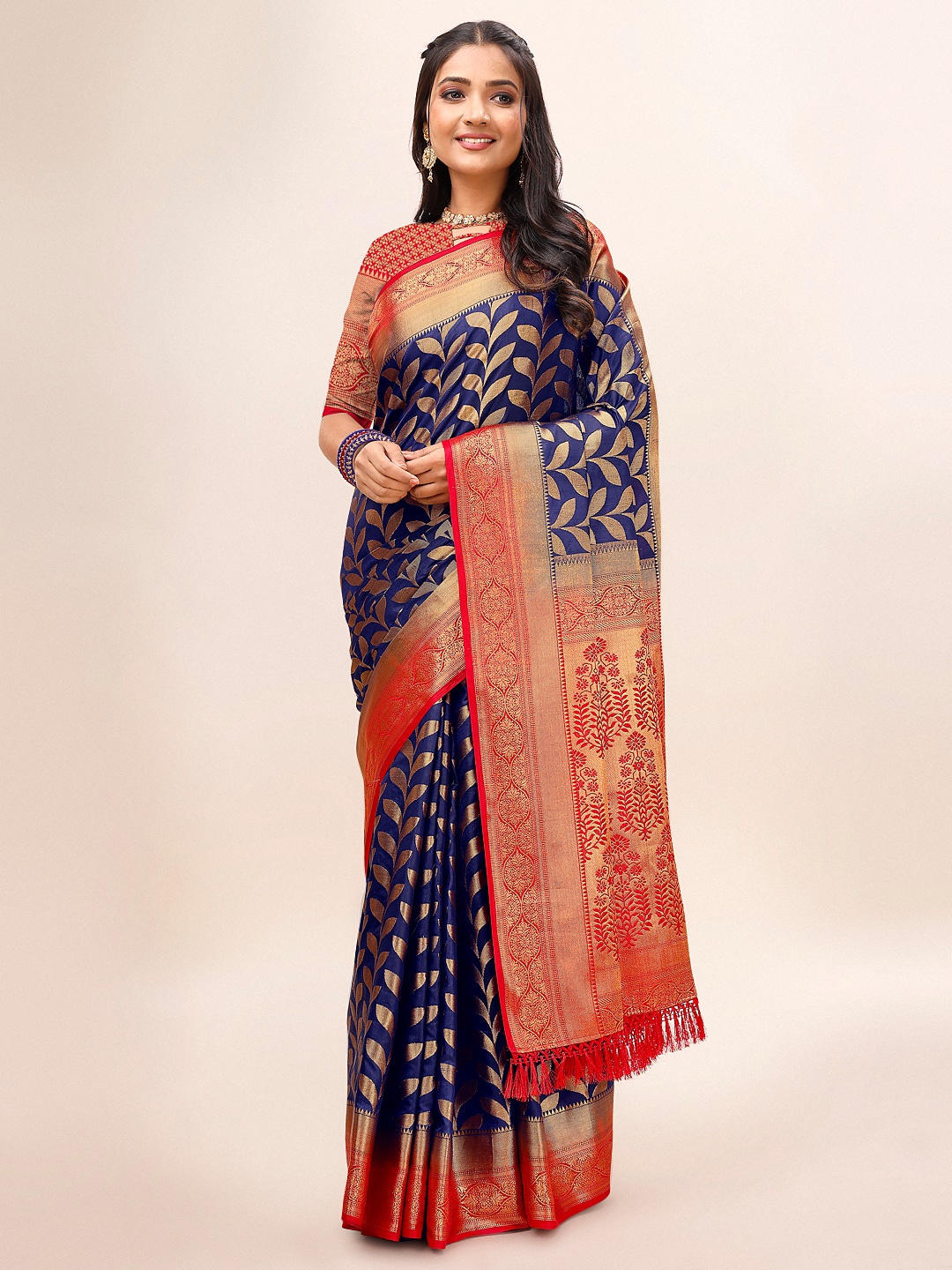 

Mitera Blue & Red Floral Woven Design Zari Pure Silk Saree