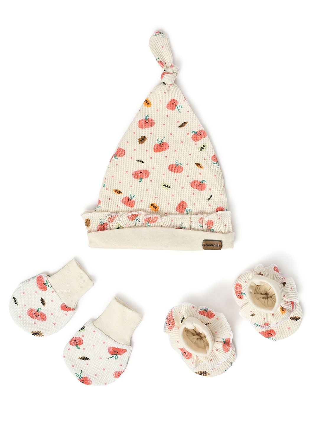 

MiArcus Infants Kids Printed Cotton Beanie Mittens And Booties Set, White