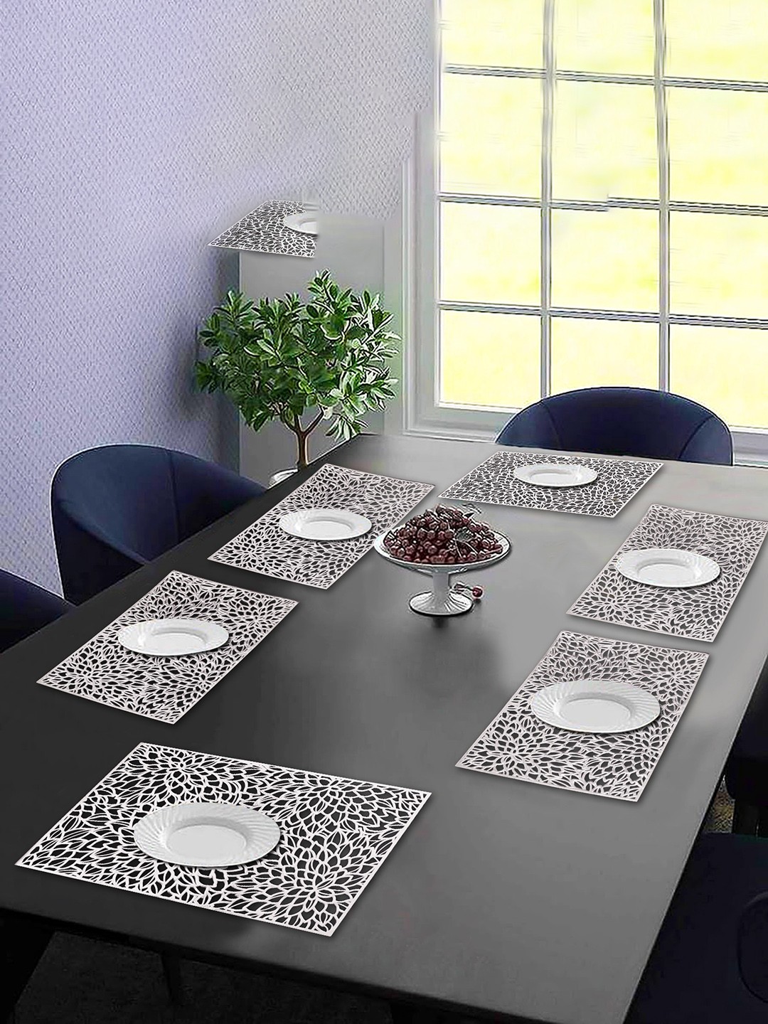 Dakshya Industries Silver-Coloured 6-Pieces Floral Rectangular Table Placemats