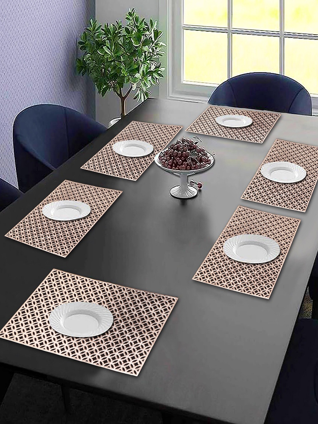 Dakshya Industries Gold Toned 6 Pieces Floral Rectangular Table Placemats