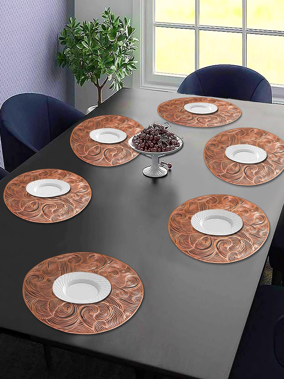 

Dakshya Industries Copper Toned 6 Pieces Floral Round Table Placemats