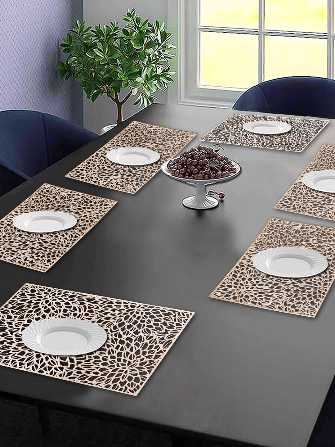 Dakshya Industries Gold Toned 6 Pieces Floral Rectangular Table Placemats