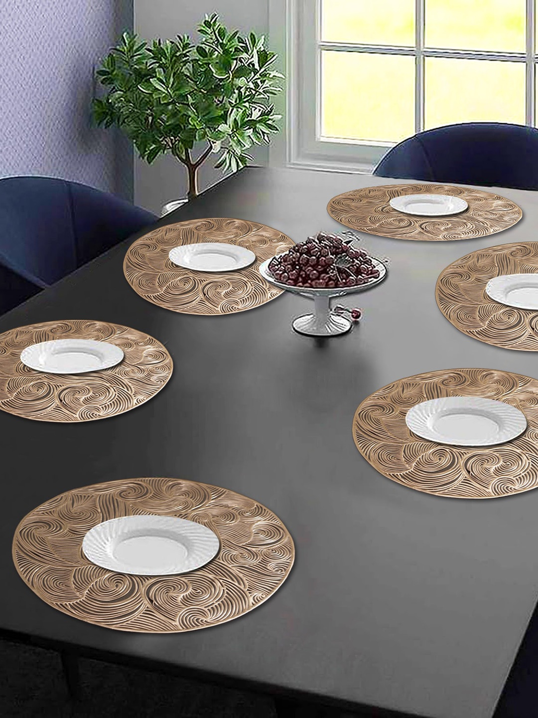 

Dakshya Industries 6-Pcs Golden Self Design Round Table Placemats, Gold