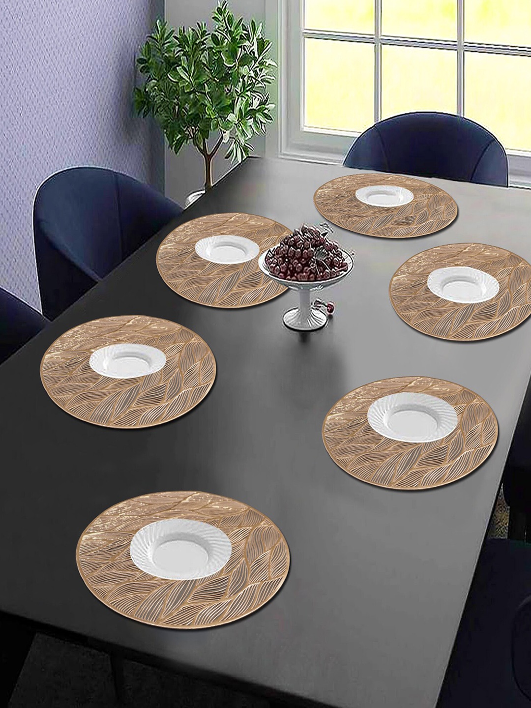 Dakshya Industries 6-Pcs Golden Self Design Round Table Placemats, Gold