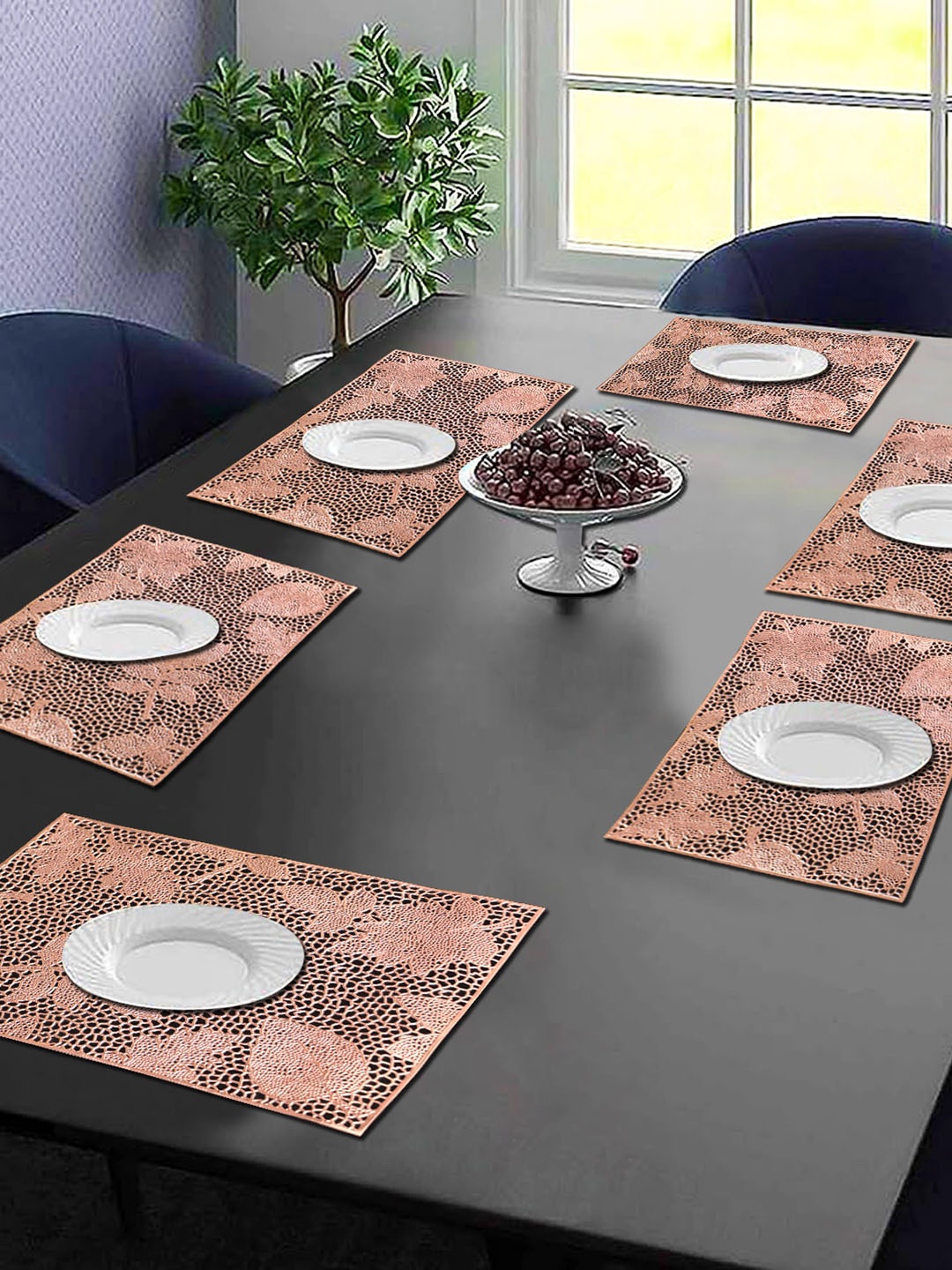 

Dakshya Industries Copper Toned 6 Pieces Floral Rectangular Table Placemats, Pink