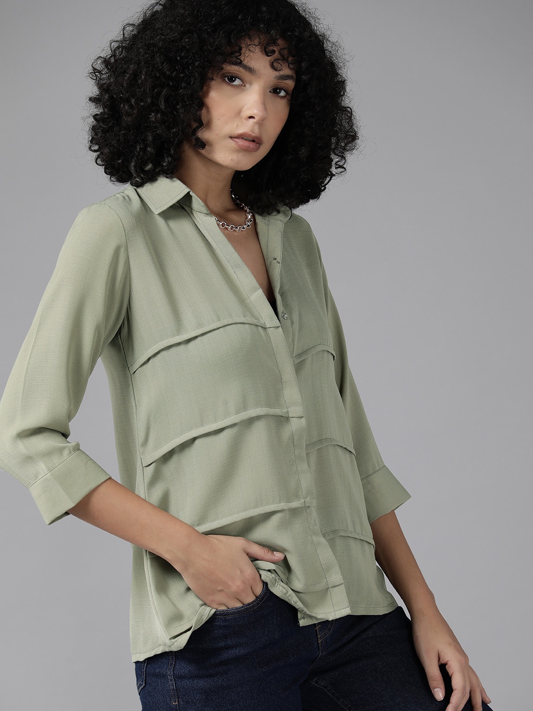 

Roadster Pleated Boxy Semi Sheer Casual Shirt, Green