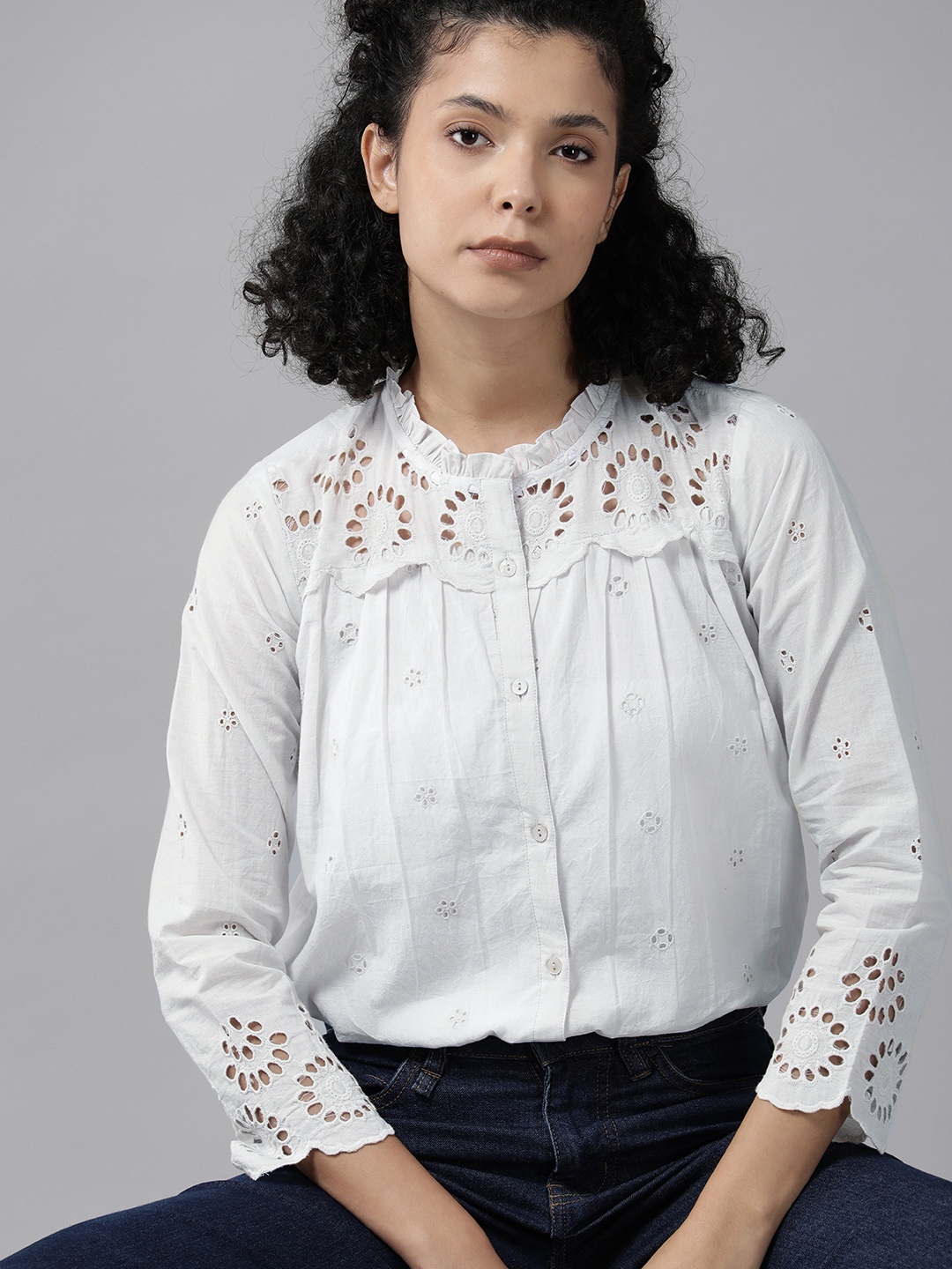 

Roadster Mandarin Collar Cotton Schiffli Shirt Style Top, White