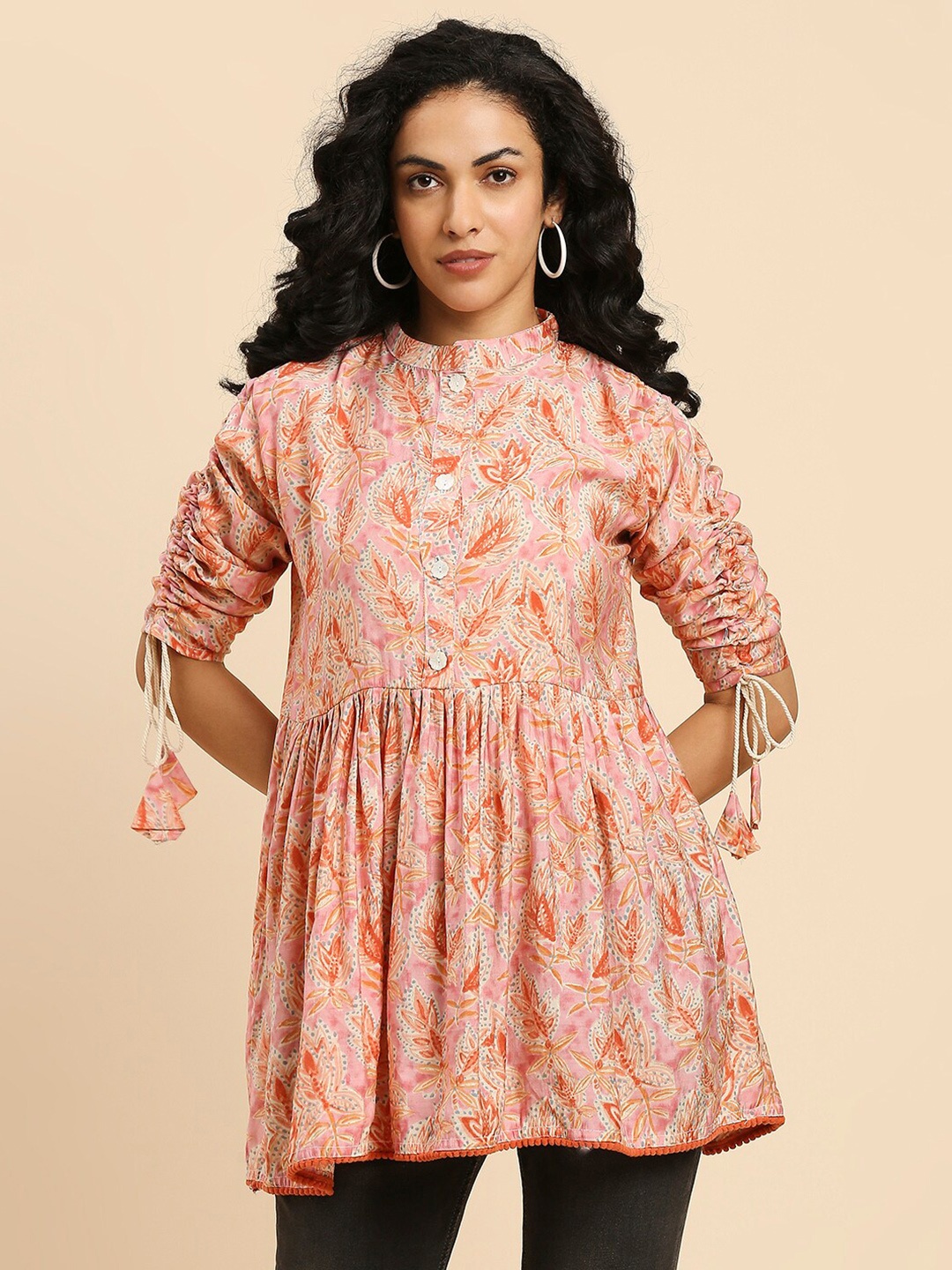

GUFRINA Peach Floral Print Mandarin Collar Gathered Sleeves Tunic