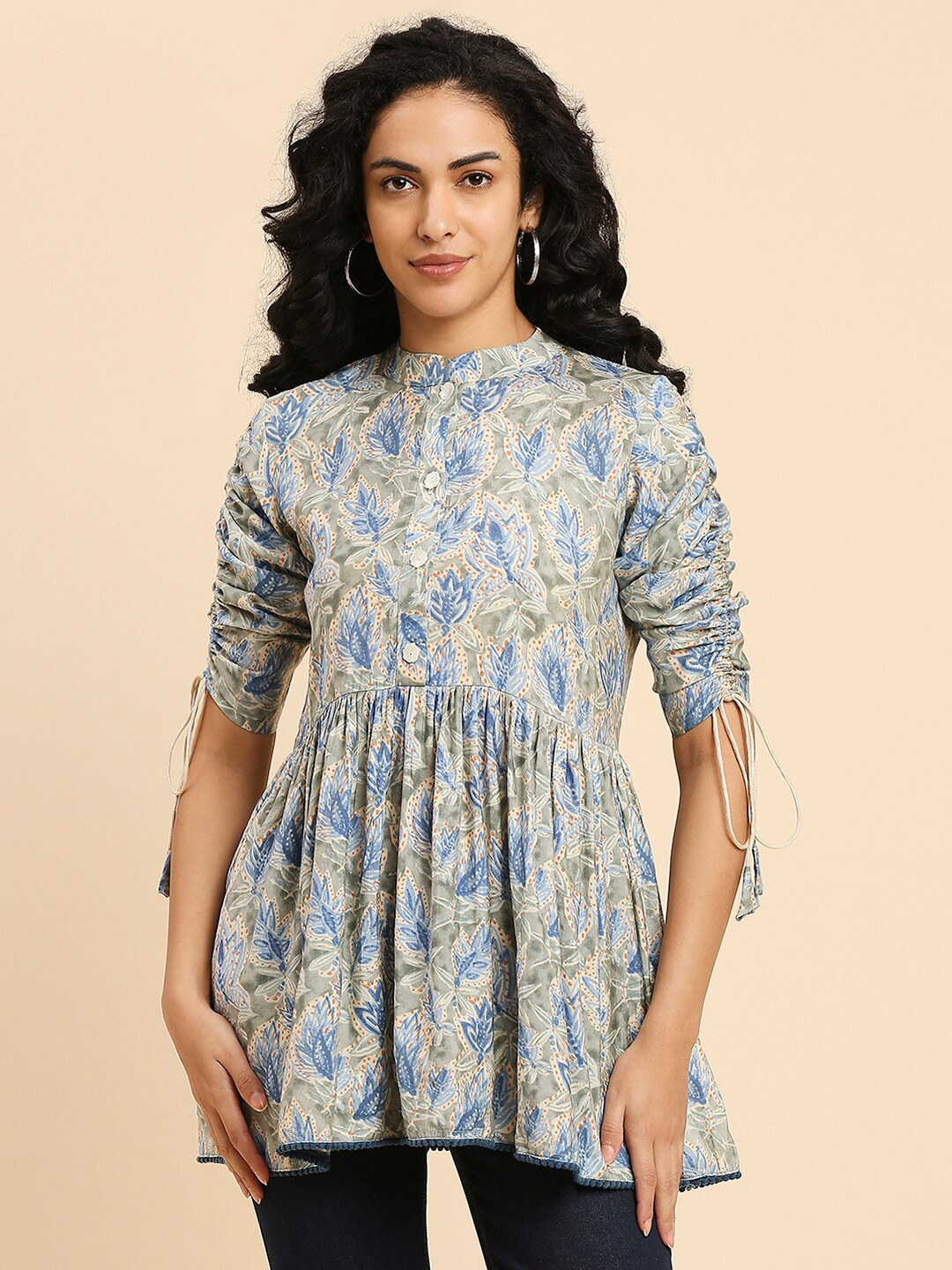 

GUFRINA Floral Printed Mandarin Collar Top, Blue