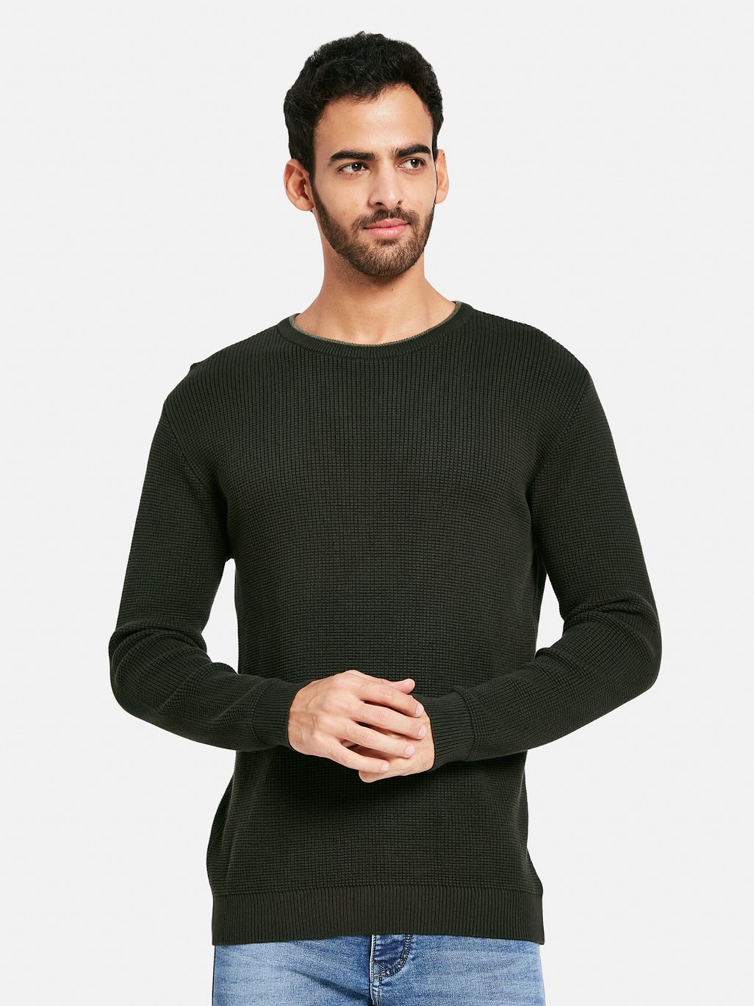 

METTLE Ribbed Round Neck Cotton Pullover, Olive