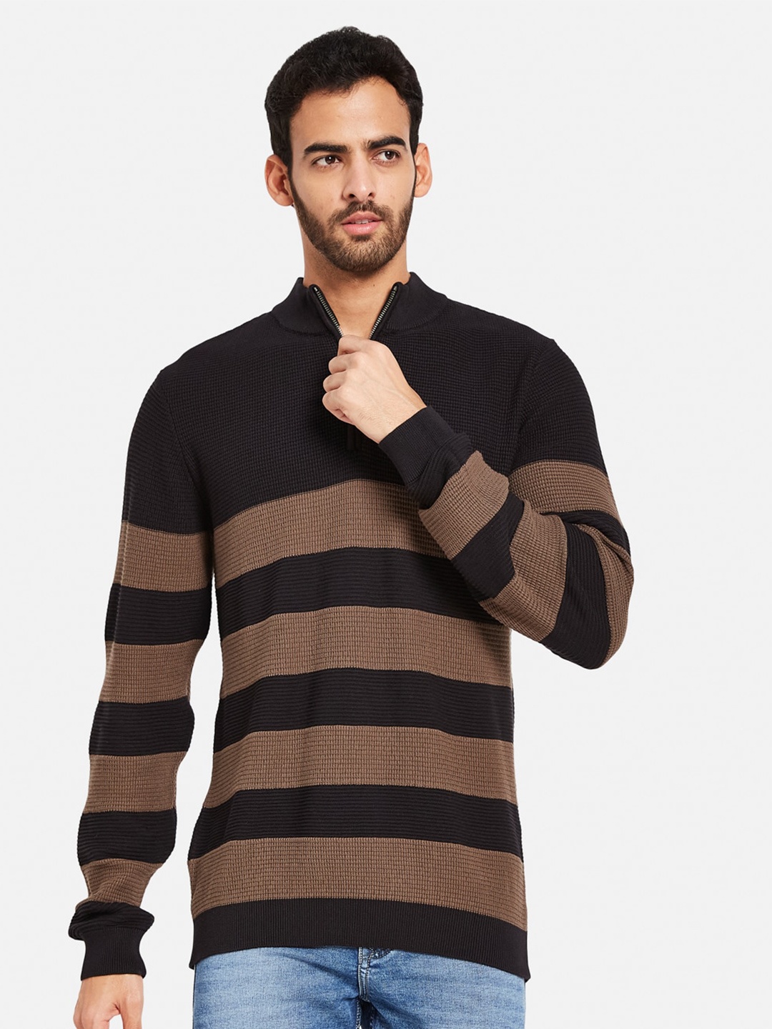 

METTLE Striped Mock Collar Cotton Pullover, Black