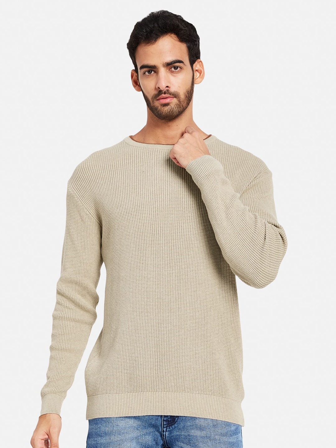 

METTLE Self Design Round Neck Cotton Pullover, Khaki