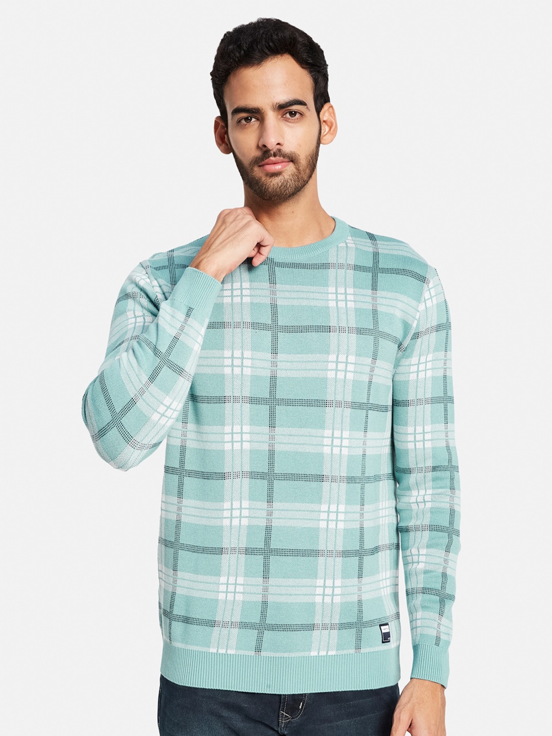 

METTLE Cotton Checked Round Neck Pullover, Green