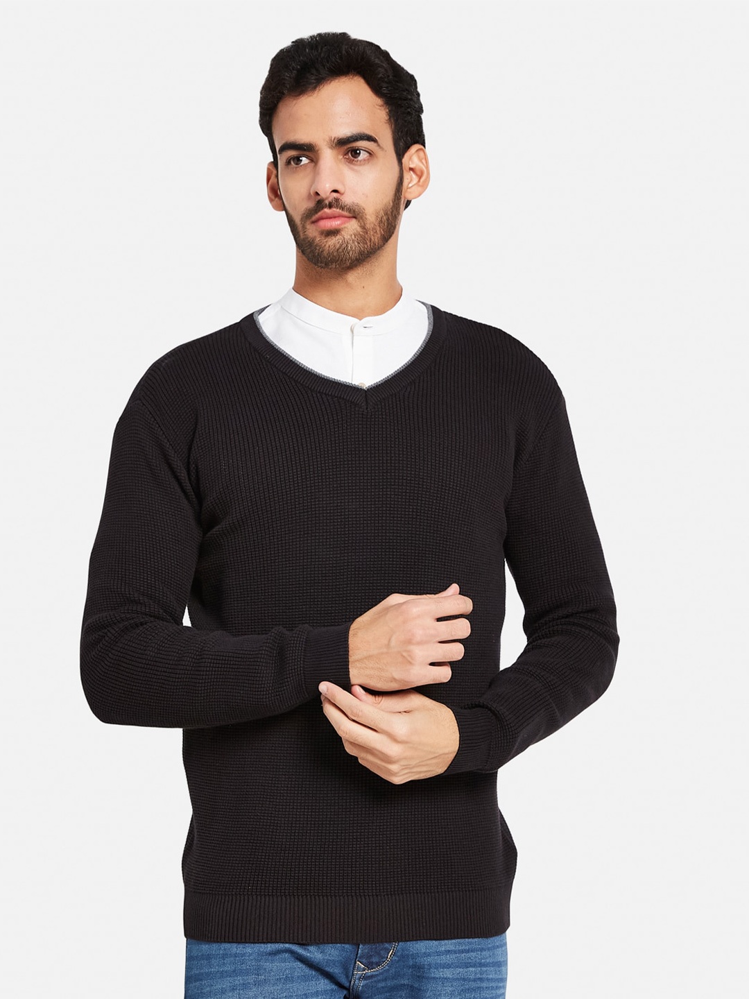 

METTLE Men Ribbed Cotton Pullover Sweaters, Black