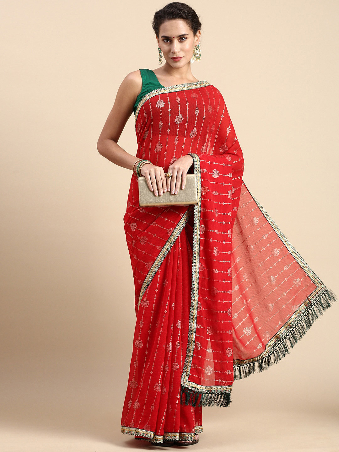 

Mitera Ethnic Motif Embroidered Pure Silk Saree, Red