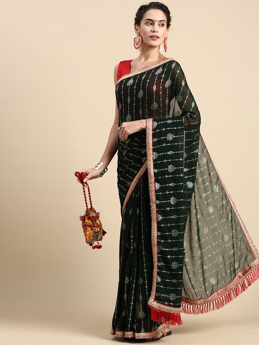 

Mitera Green & Red Ethnic Motifs Woven Design Pure Silk Saree