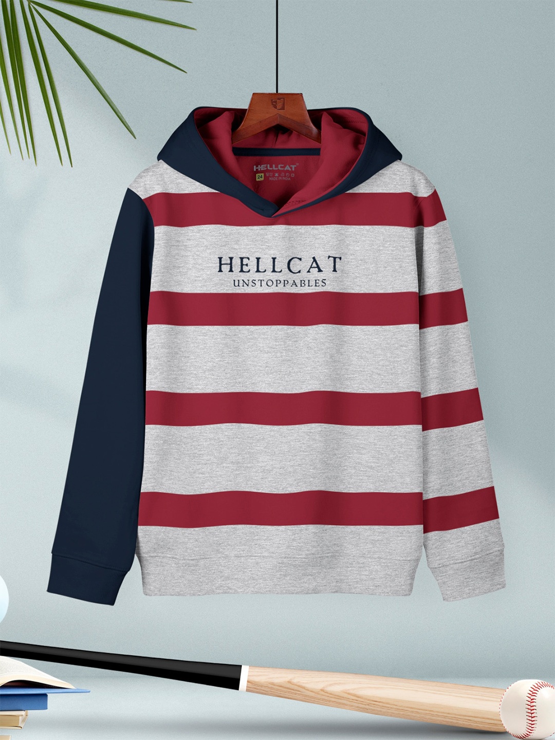 

HELLCAT Boys Striped Hooded Ribbed Cotton Pullover, White