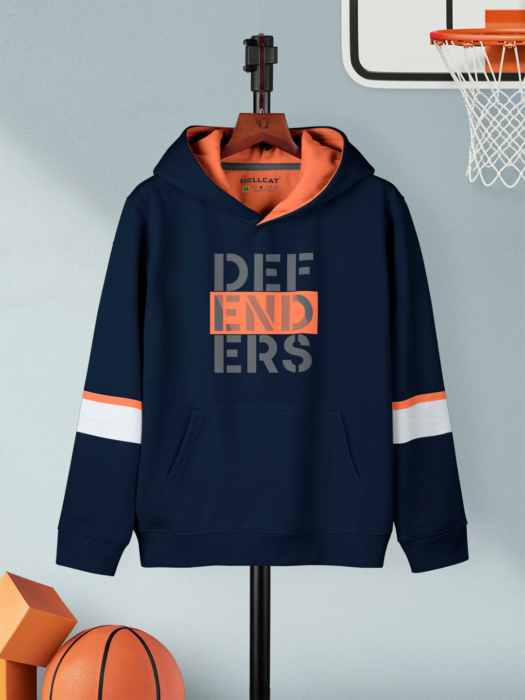 

HELLCAT Boys Typography Printed Hooded Long Sleeve Pullover Sweatshirt, Navy blue