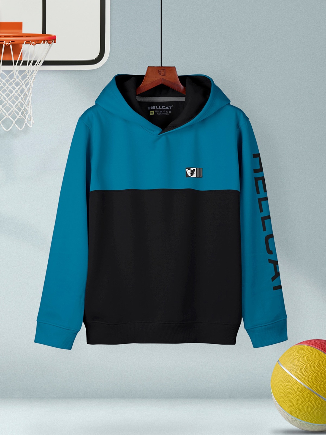 

HELLCAT Boys Hooded Long Sleeves Cotton Ribbed Sweatshirt, Turquoise blue