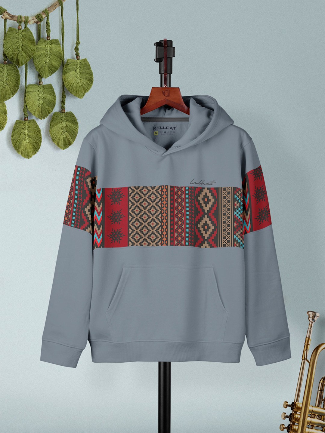 

HELLCAT Boys Ethnic Motifs Printed Hooded Cotton Pullover, Blue