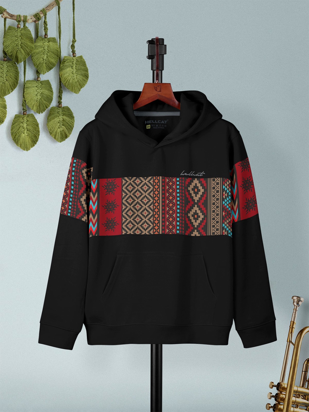 

HELLCAT Boys Ethnic Motifs Printed Hooded Cotton Sweatshirt, Black