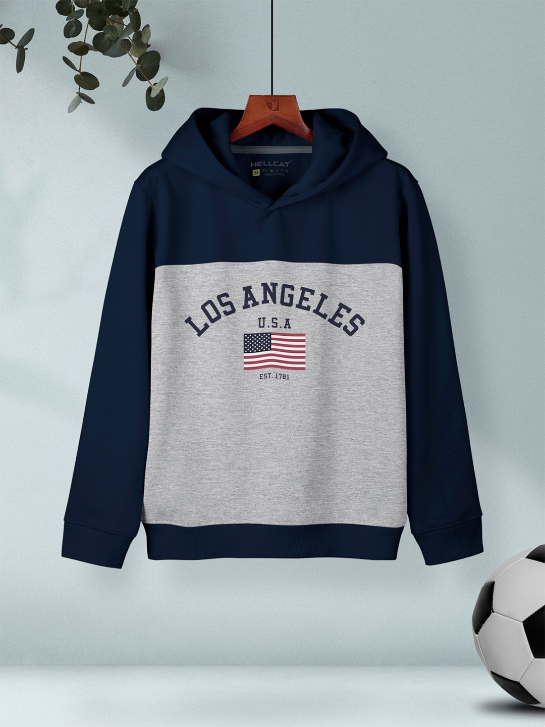 HELLCAT Boys Colourblocked Hooded Long Sleeve Pullover Sweatshirt, Navy blue