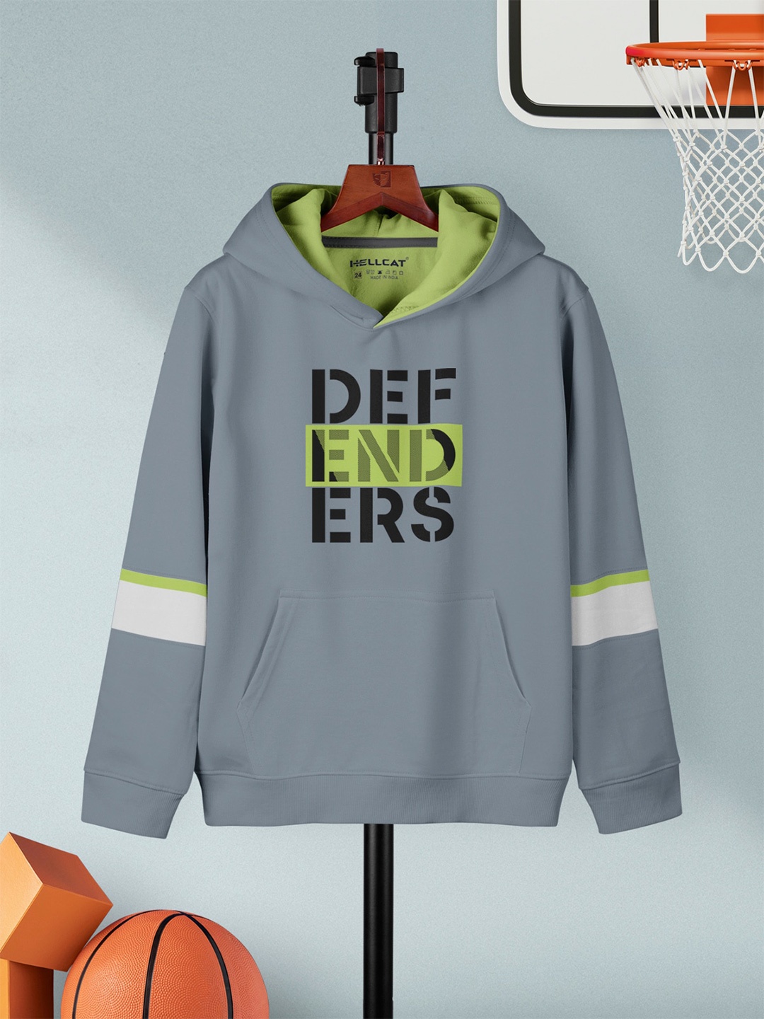 

HELLCAT Boys Typography Printed Hooded Long Sleeve Pullover Sweatshirt, Grey