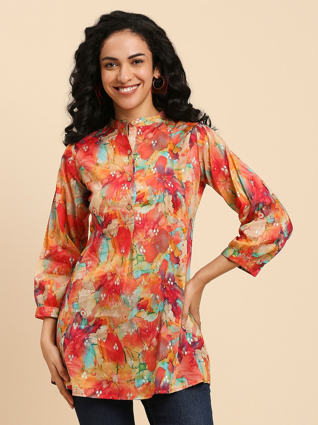 

GUFRINA Floral Printed Mandarin Collar Longline Top, Coral
