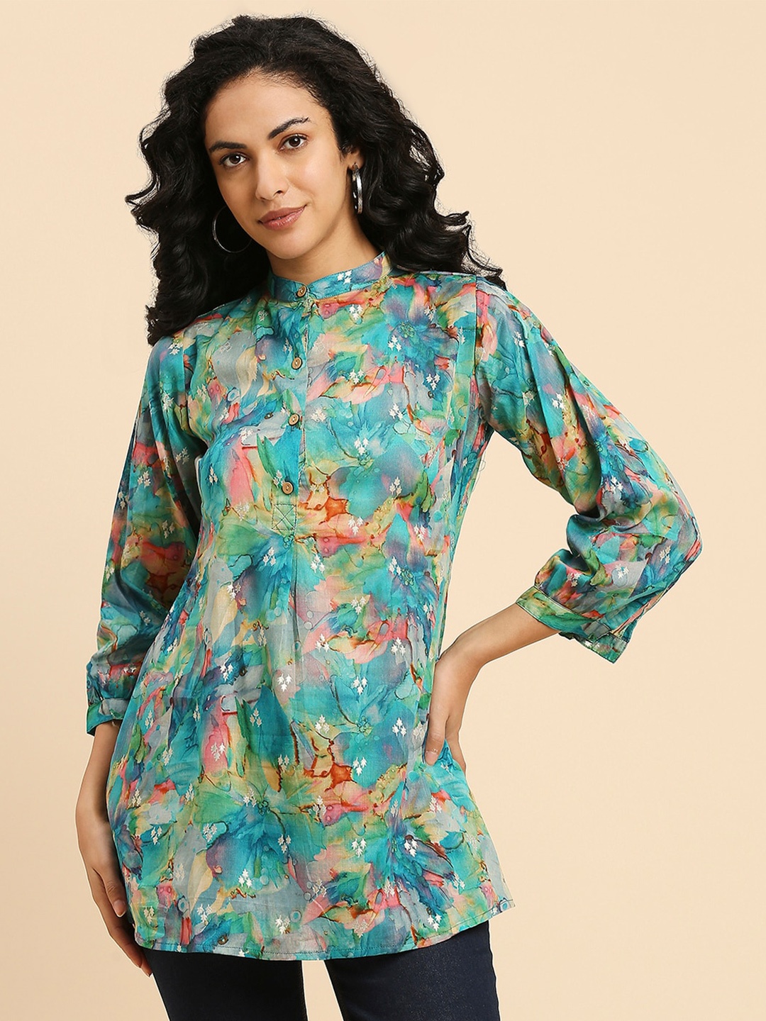 

GUFRINA Floral Printed Band Collar Casual Longline Top, Green