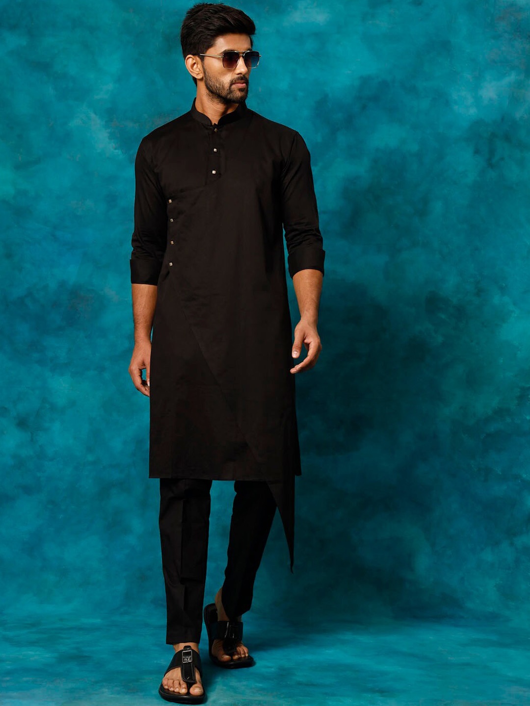 VASTRAMAY Mandarin Collar Angrakha Kurta With Pyjamas, Black