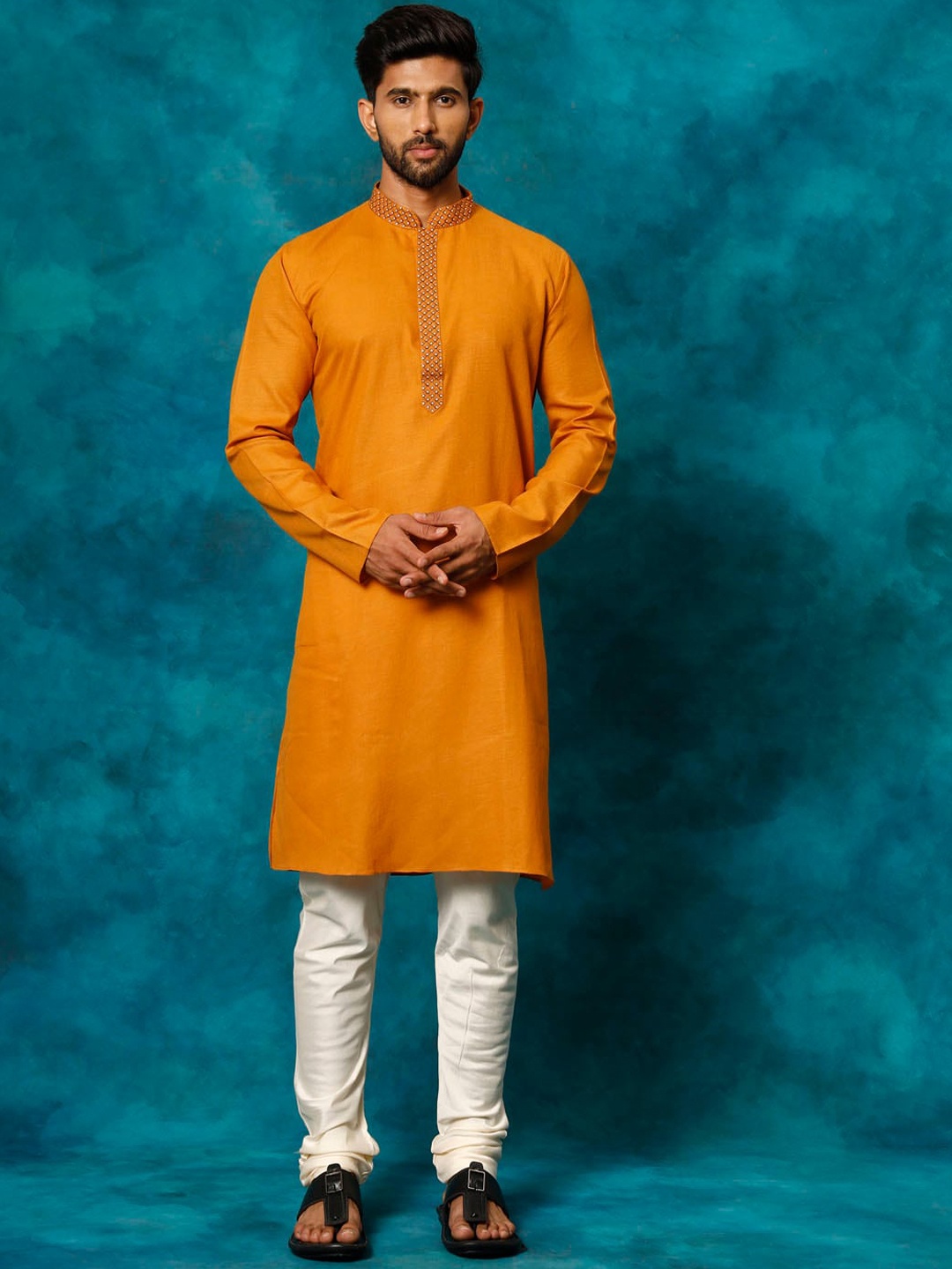 

VASTRAMAY Mandarin Collar Thread Work Straight Kurta With Churidar, Rust