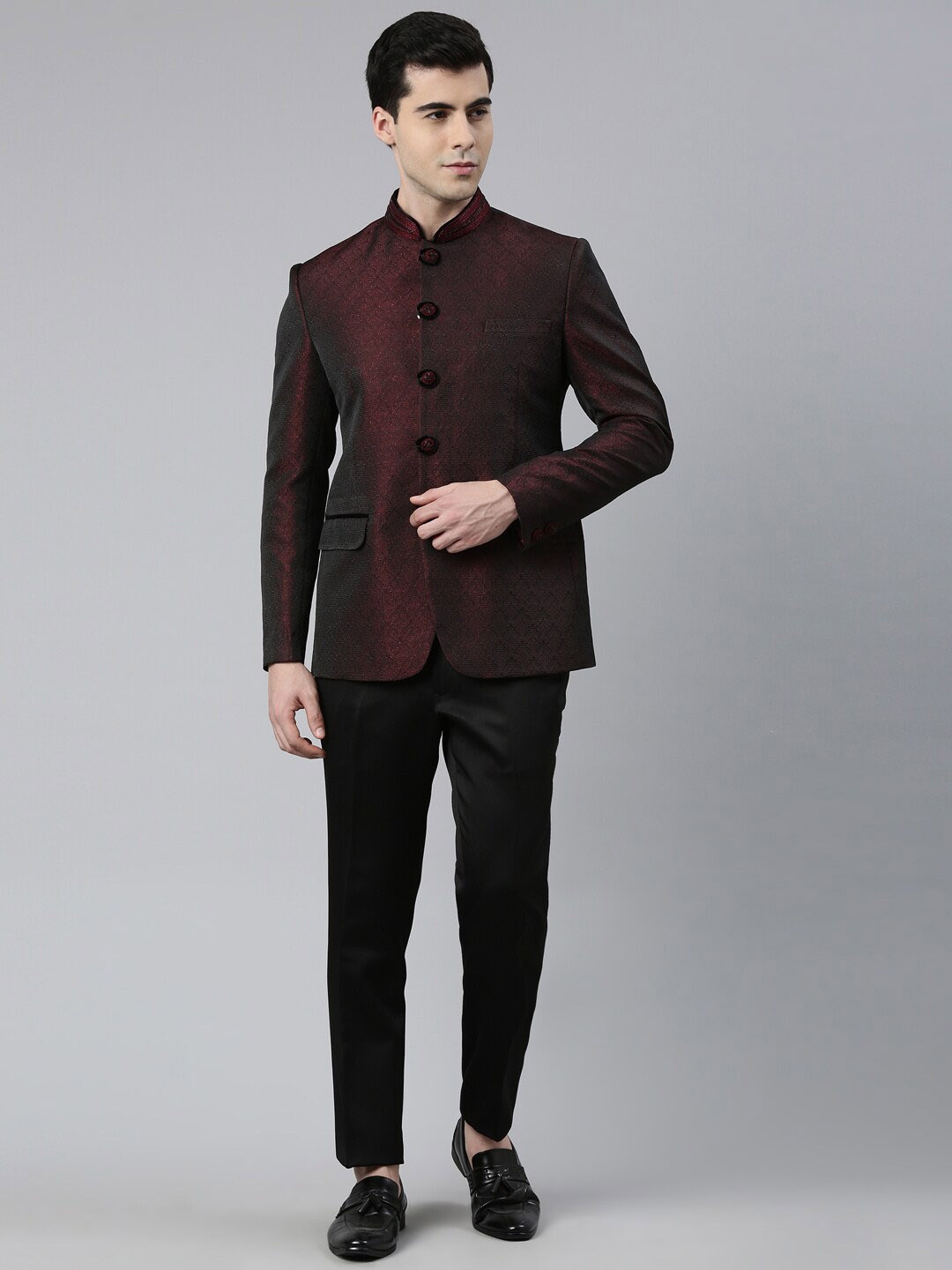TheEthnic.Co Shimmer Bandhgala Blazer & Trousers, Maroon