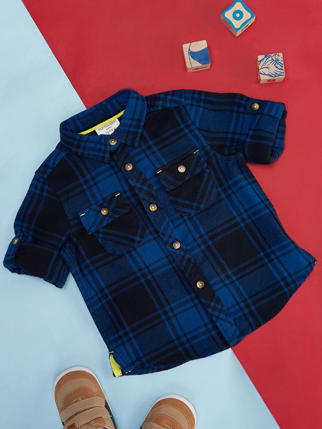 

Pantaloons Baby Boys Checked Spread Collar Roll-Up Sleeves Cotton Casual Shirt, Blue