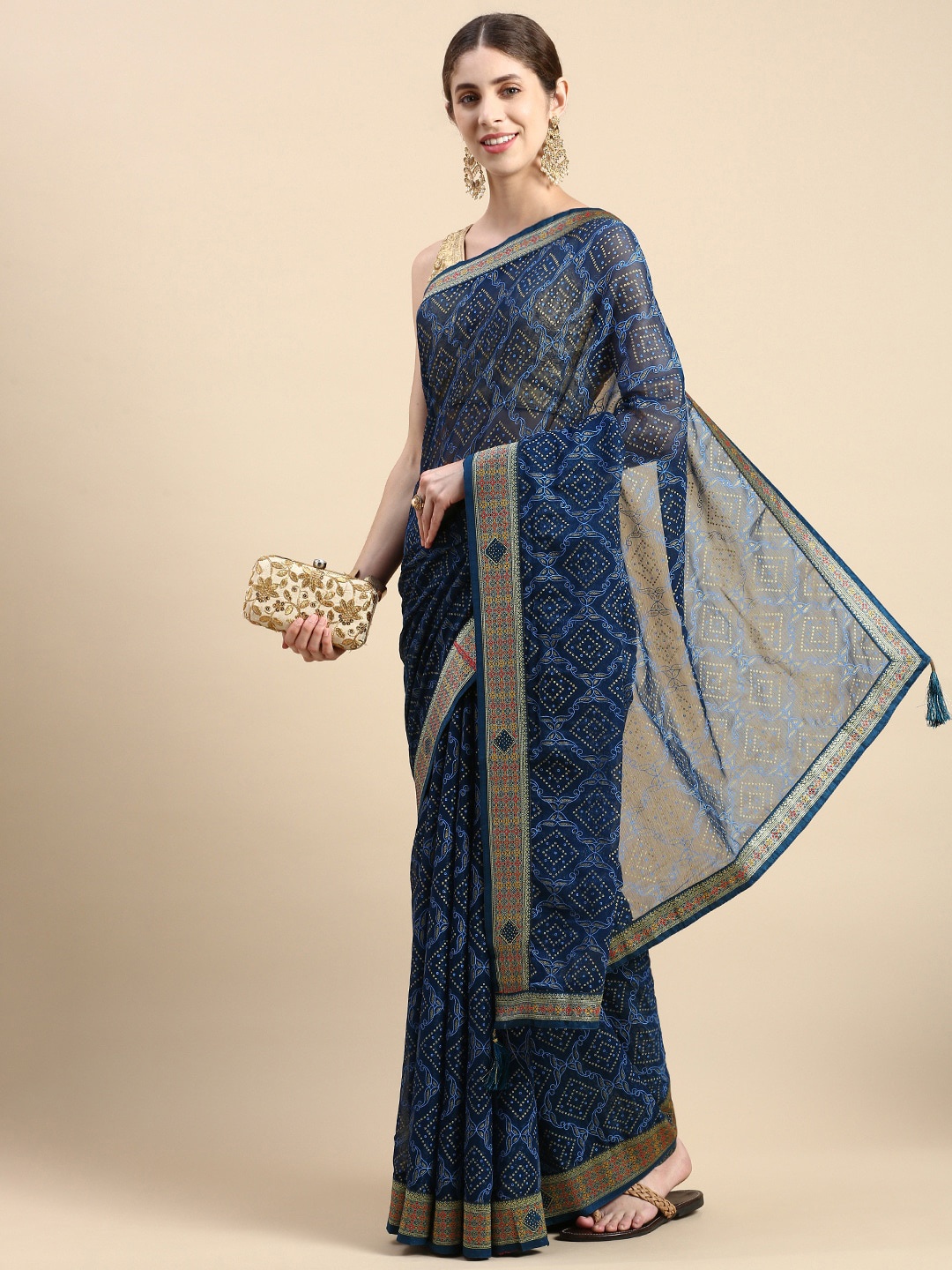 

Mitera Ethnic Printed Zari Pure Chiffon Saree, Blue