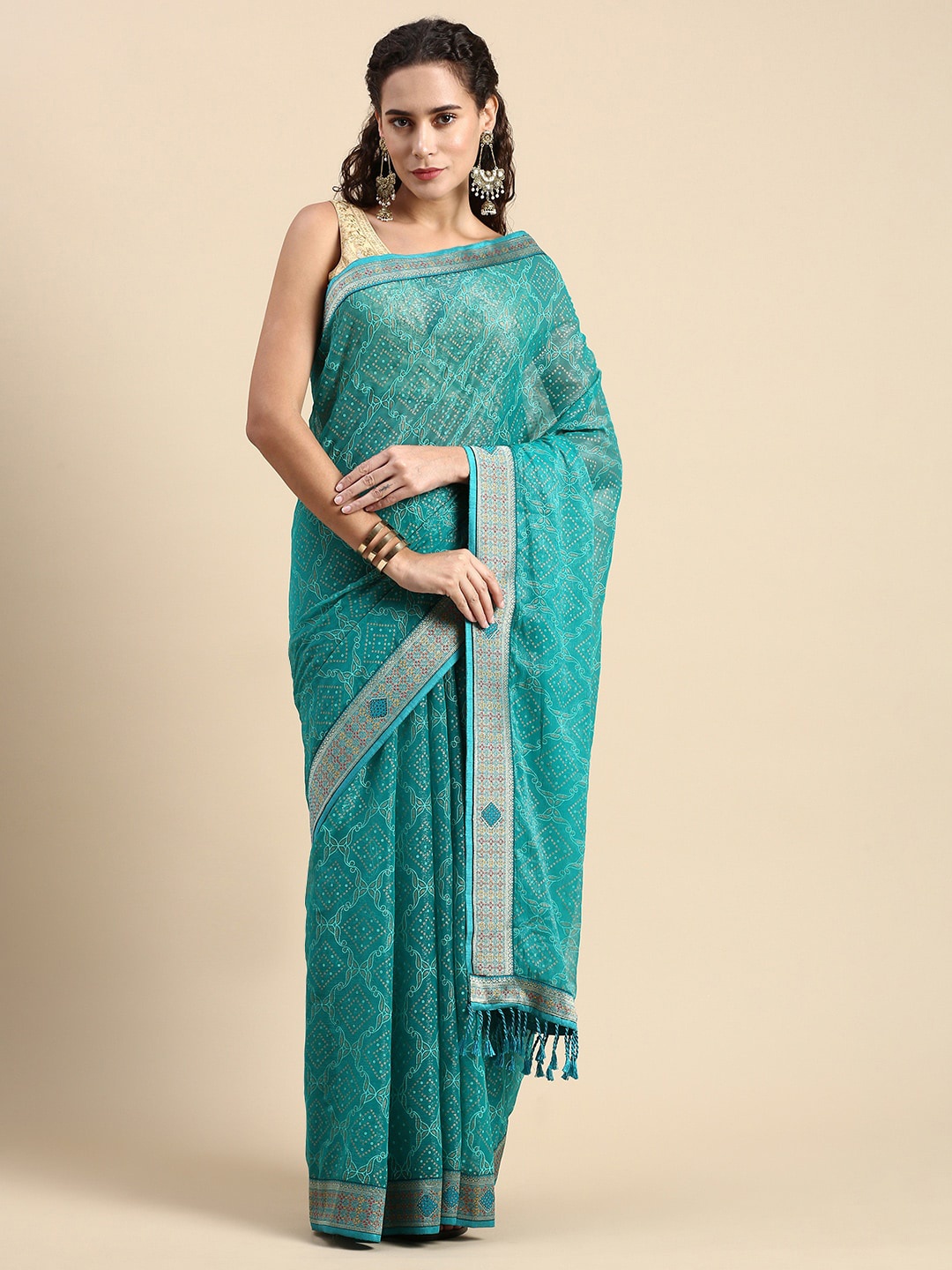 

Mitera Geometric Printed Saree, Turquoise blue