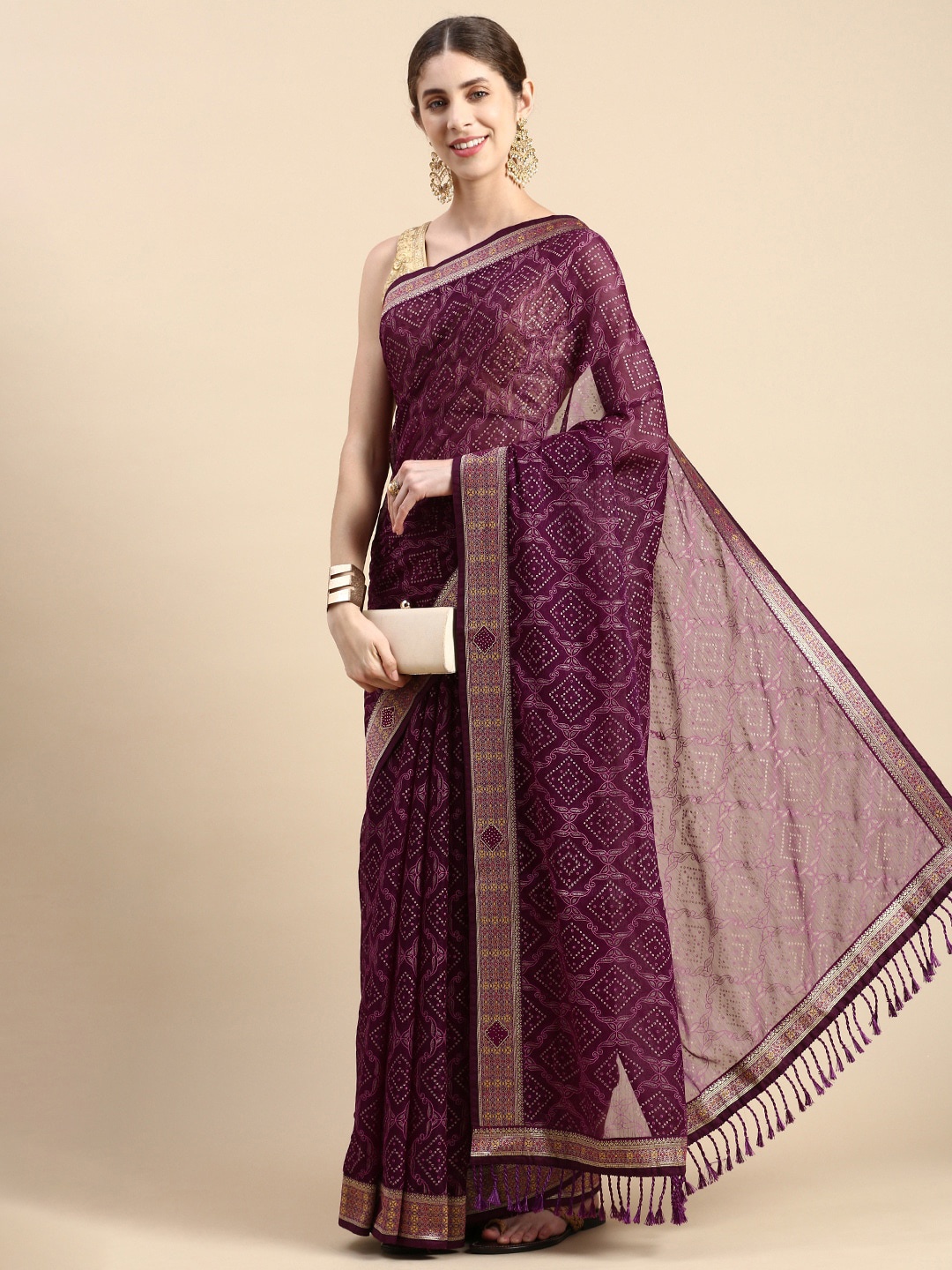 

Mitera Purple & Gold-Toned Geometric Printed Zari Pure Chiffon Saree
